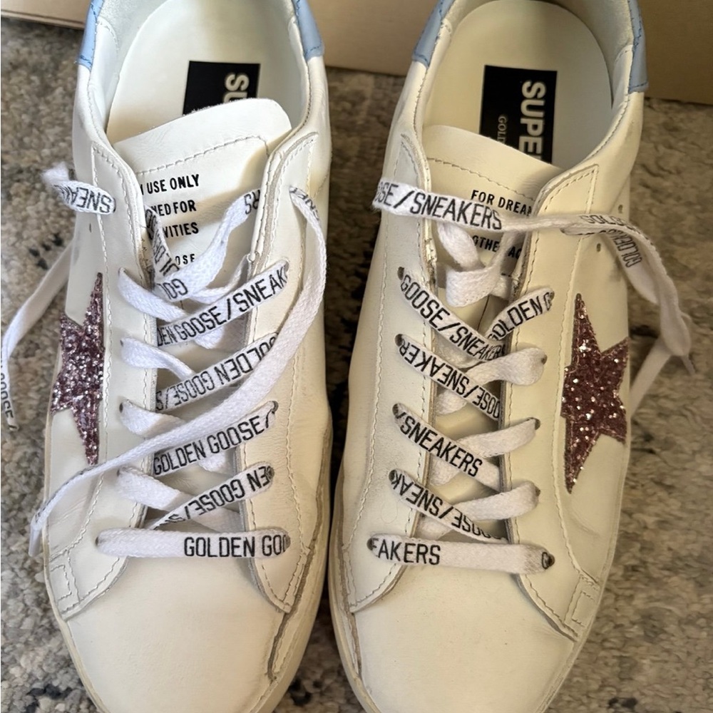 Golden Goose Cream Sneakers with Glitter Pink Star